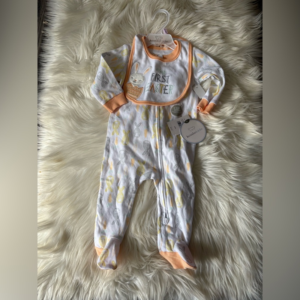 Koala Kids Bunny 'First Easter' One-Piece with Bib - Peach Trim